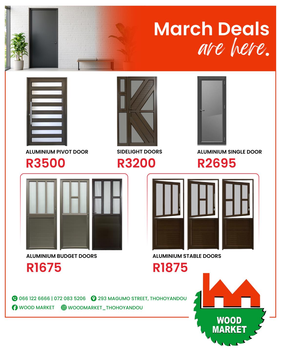 Wood market Facebook ad: Modern aluminium doors and sidelights now available at…