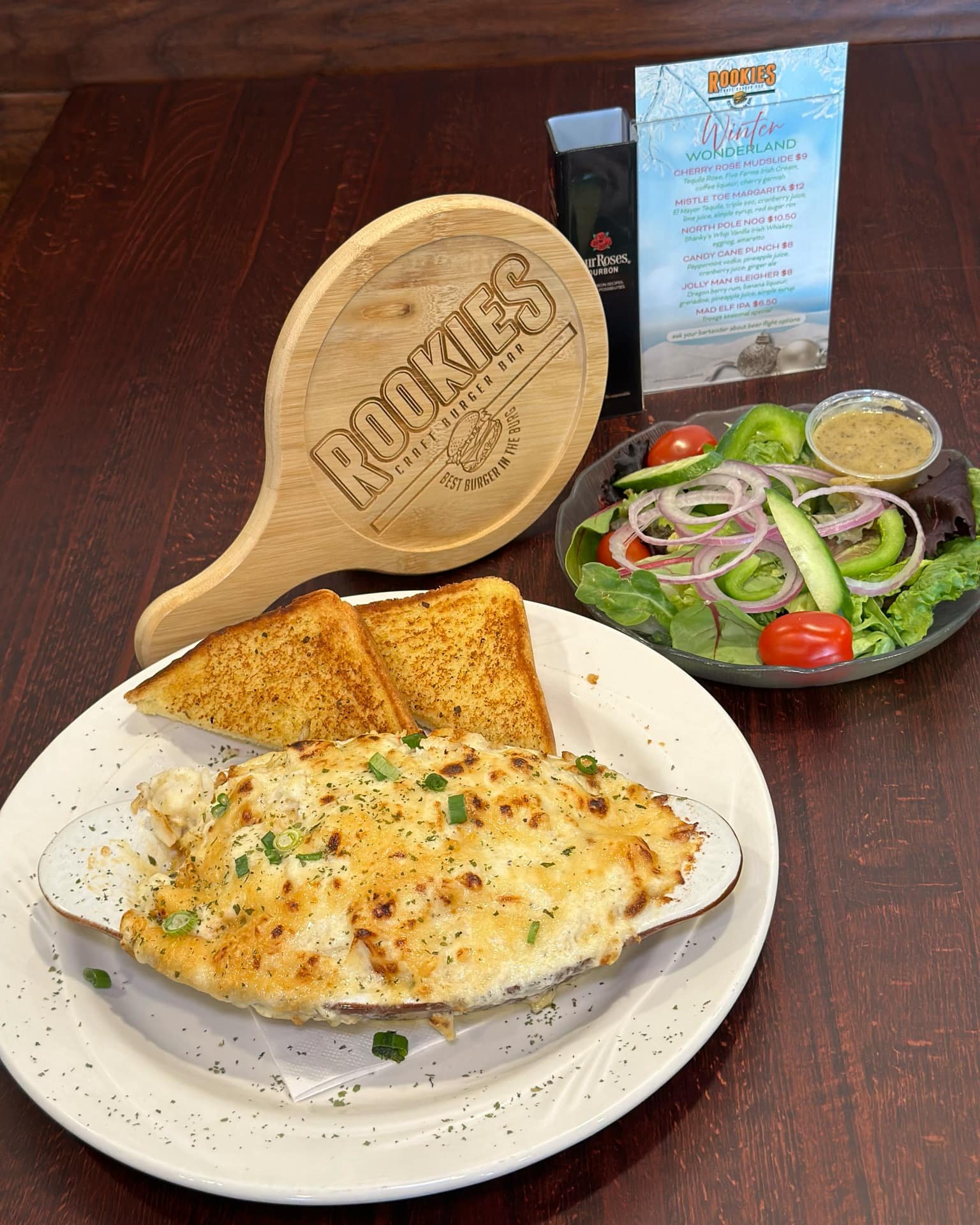 Rookies Craft Burger Bar Facebook ad: Saturday in house food specials: Mac-N-Cheese & Steak