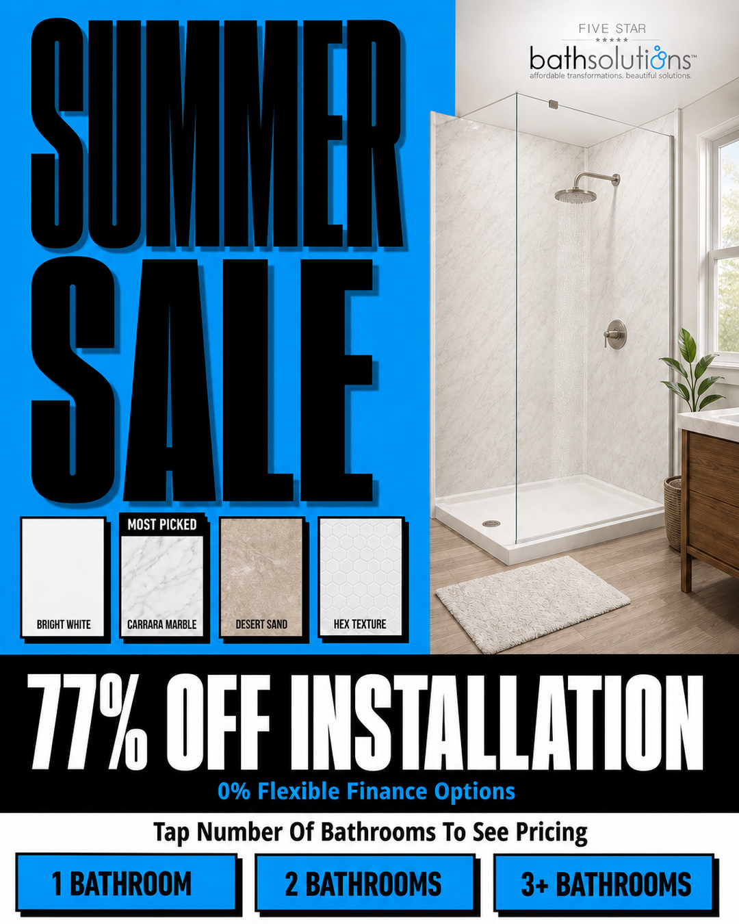 Five Star Bath Solutions Facebook ad: 77% Off Installation