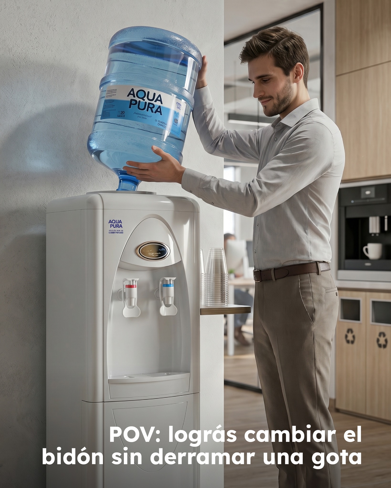 Aquapura Facebook ad: POV: lográs cambiar el bidón sin derramar una…