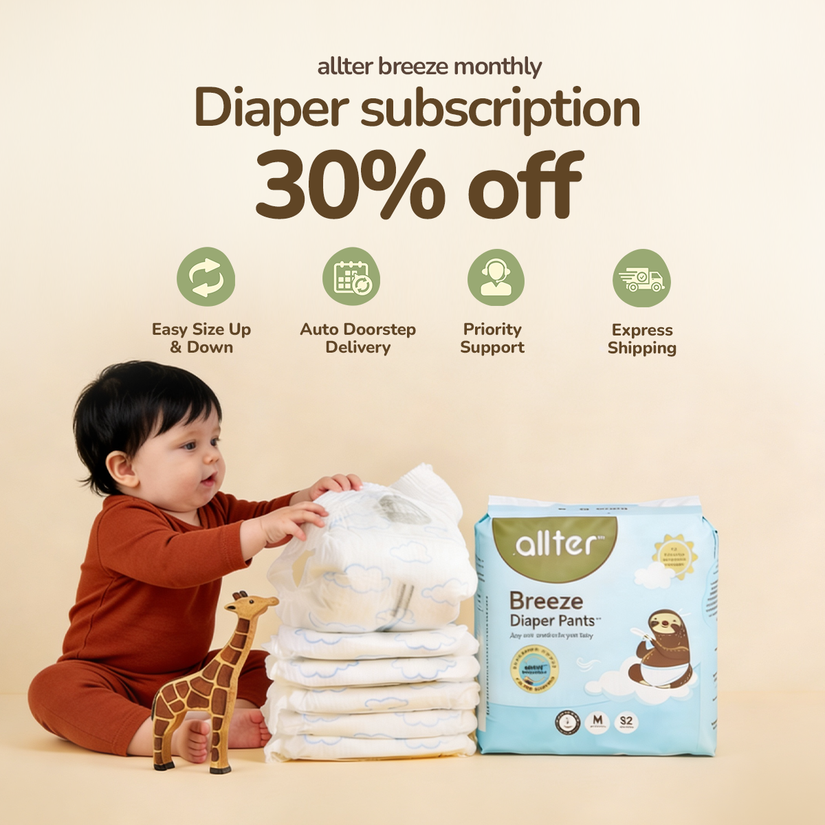 Allter Facebook ad: Never Run Out of Diapers