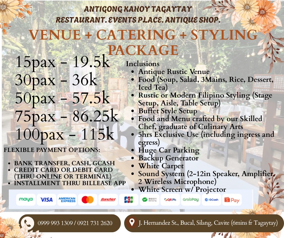 Antigong Kahoy Tagaytay Restaurant and Events Place Facebook ad: Venue + Catering + Styling Package in Tagaytay…