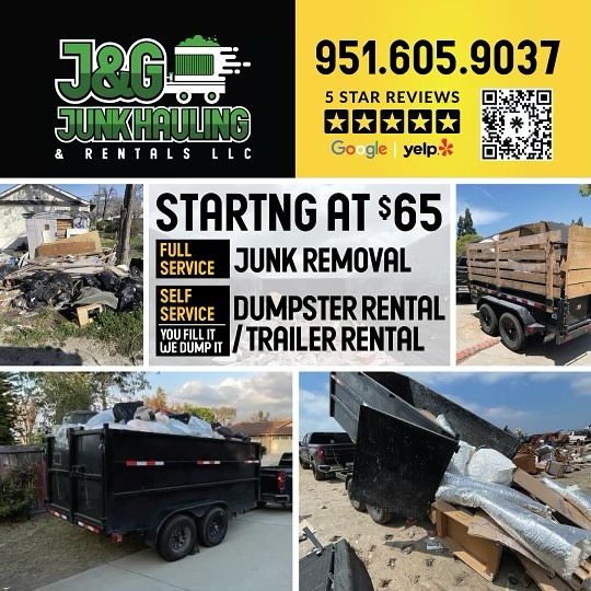 J&G Junk Hauling and Rentals Facebook ad: Junk removal and dumpster rentals.