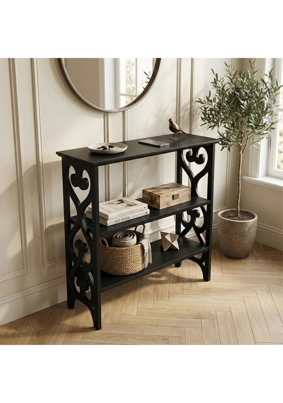 Latiwood Facebook ad: Handmade Wooden Console Table, 3 Tier Decorative Entryway…