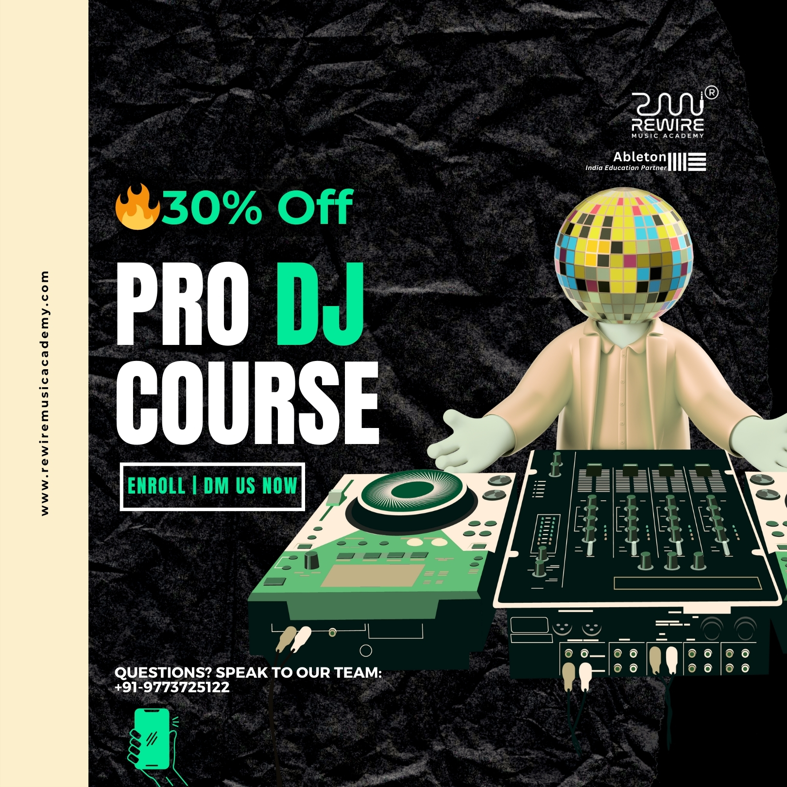Rewire Music Academy Facebook ad: Professional DJ course not a hobby class.