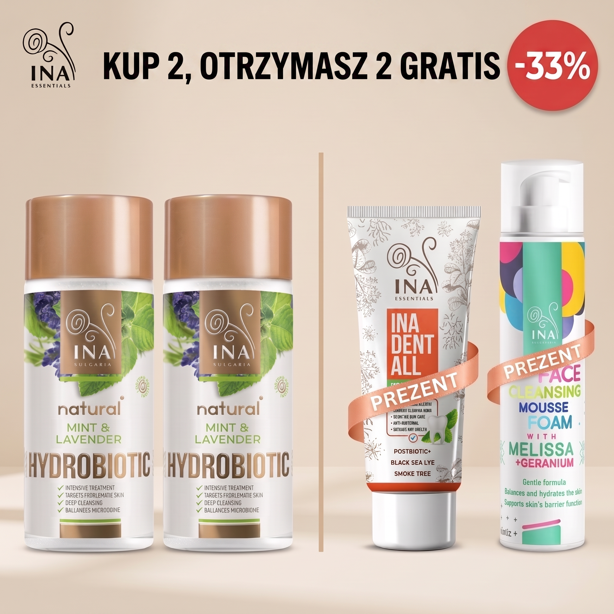 InaEssentials.PL - Rodzinne Kosmetyki Organiczne Facebook ad: 2 x INA Hydrobiotic Lawenda i Mięta, pasta i pianka gratis