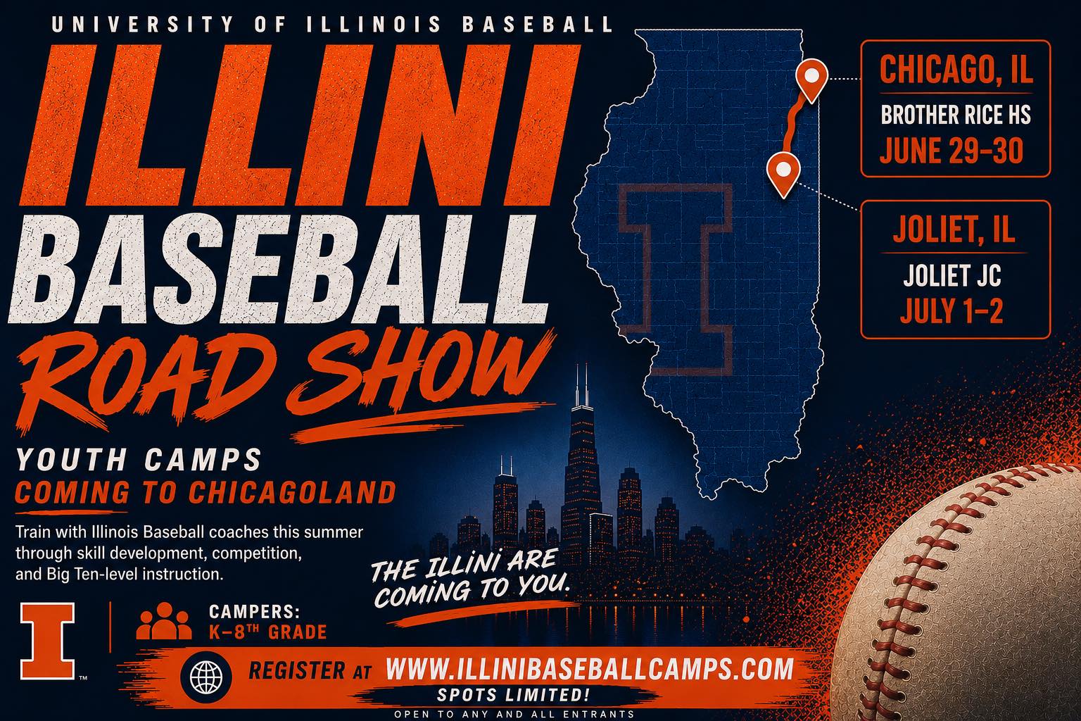 Illini Baseball Camps Facebook ad: We are heading to the Chicagoland area this…