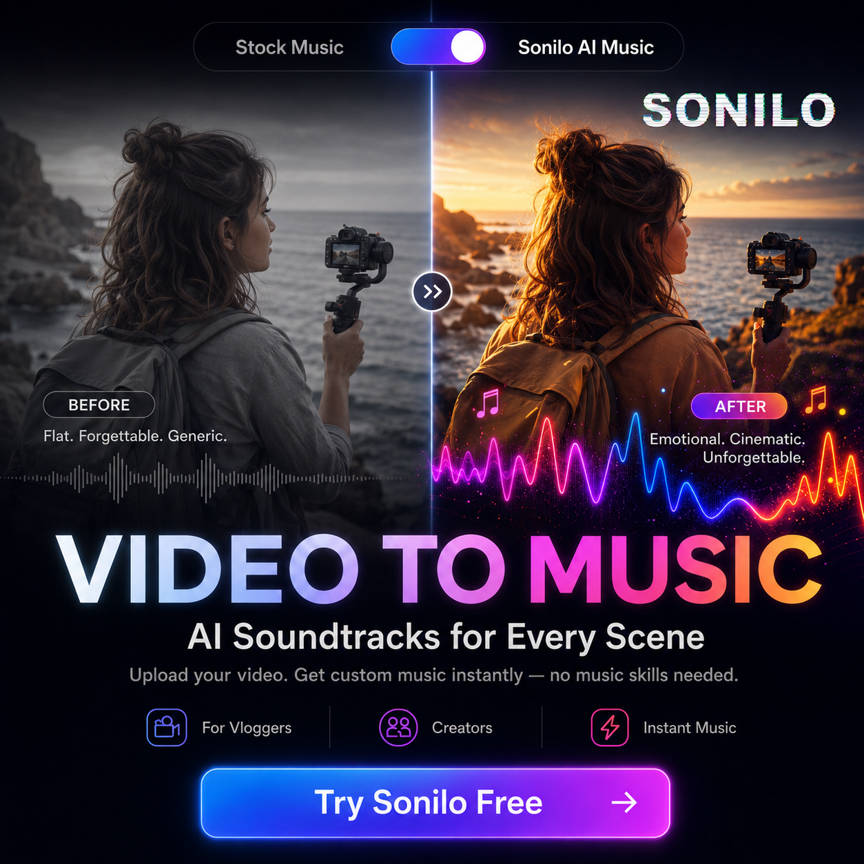 Sonilo Facebook ad: The Ultimate Creator BGM Tool