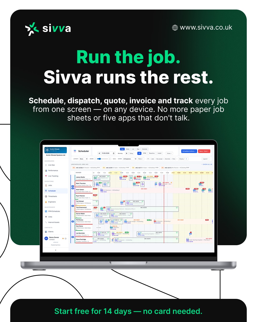 Sivva Facebook ad: Field service software without per-user fees