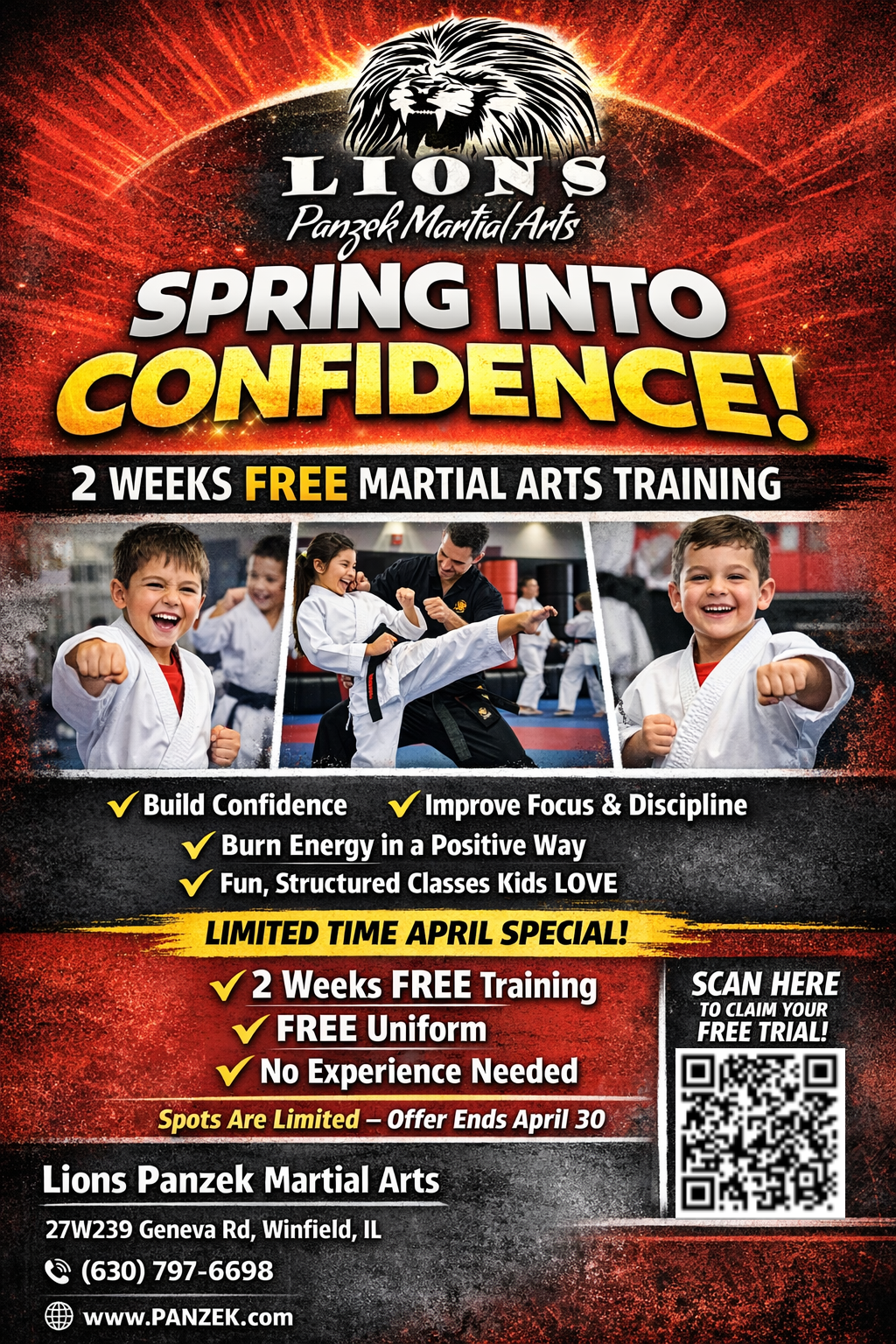 Lions Panzek Martial Arts Facebook ad: Spring break may be over… but your kids…