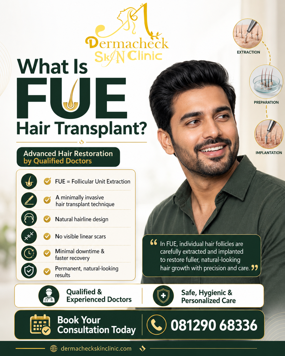 DermaCheck Skin Clinic Facebook ad: Advanced FUE Hair Transplant by Qualified Doctors.