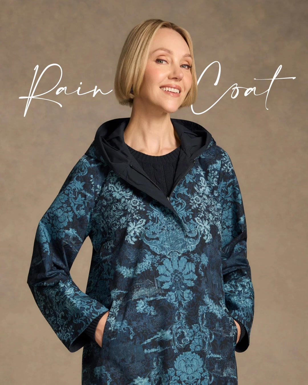 Blue Illusion Facebook ad: Printed Reversible Raincoat, Ink Baroque Print