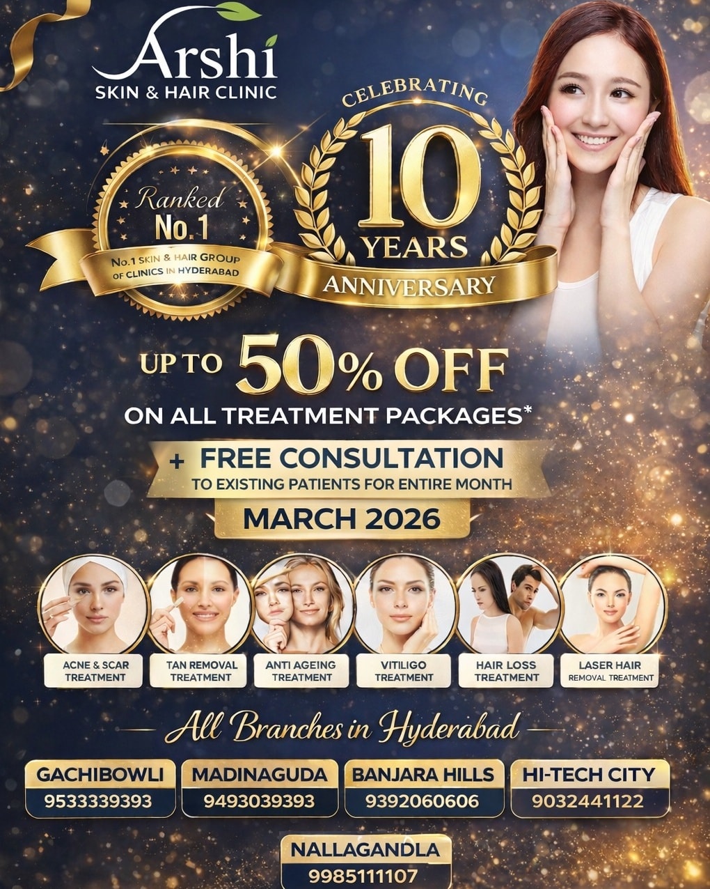 Arshi Skin and Hair Clinic Facebook ad: 10 YEARS OF BEAUTY & CONFIDENCE!