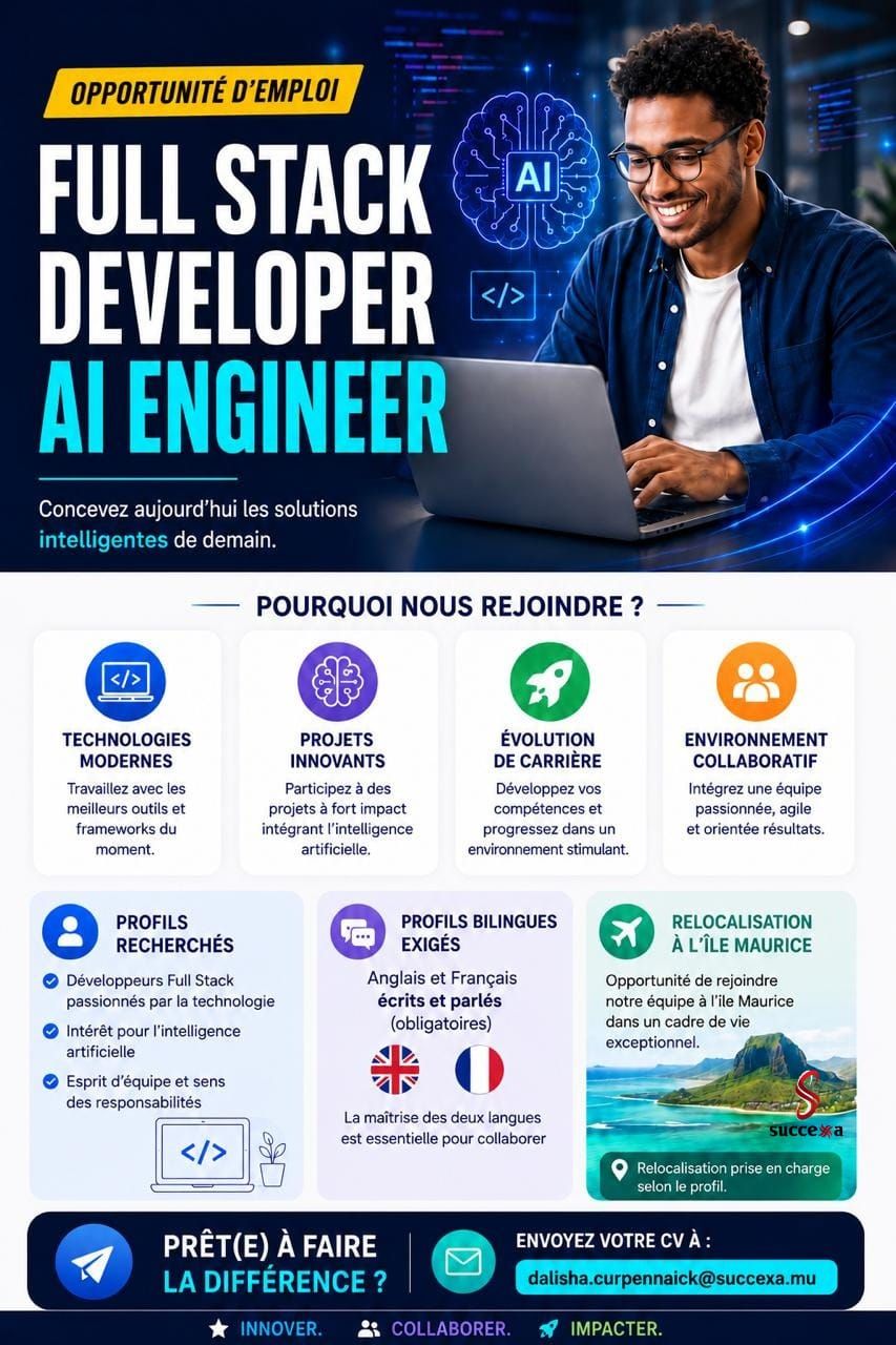 Succexa Ltd Facebook ad: RECHERCHE 15 x DÉVELOPPEURS FULL STACK (INGÉNIEUR IA)…