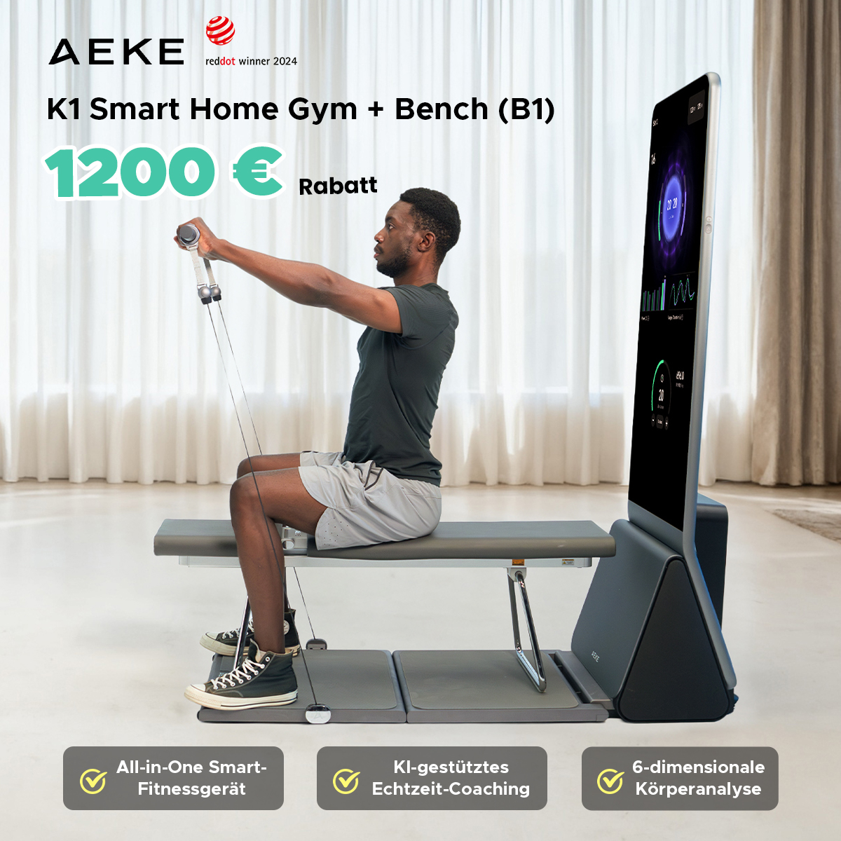 AEKE EU Facebook ad: AEKE Smart Home Gym K1, All-in-One AI Home Workout Equipment