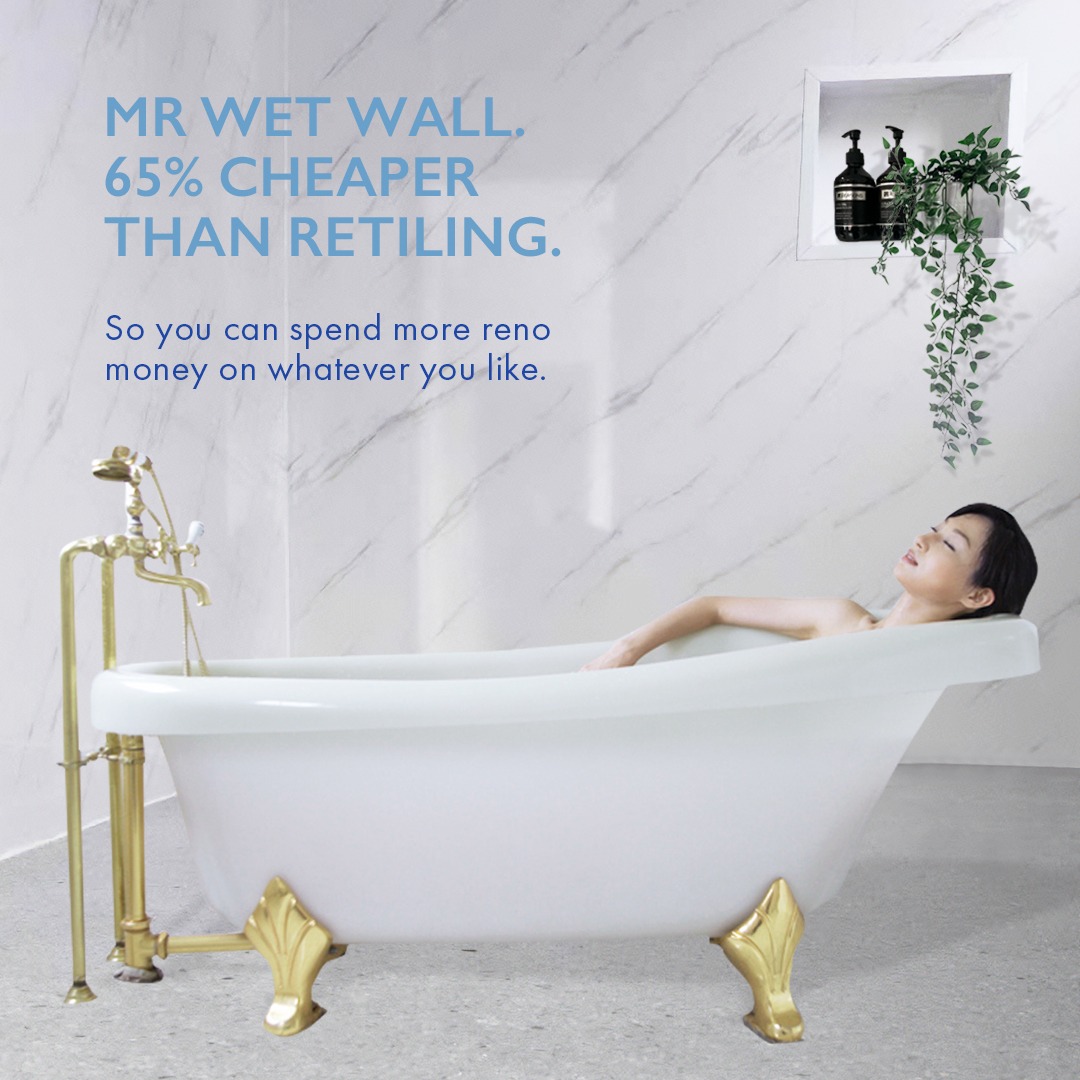 Mr Wet Wall Australia Facebook ad: Stunning Bathroom Renovations For Less!