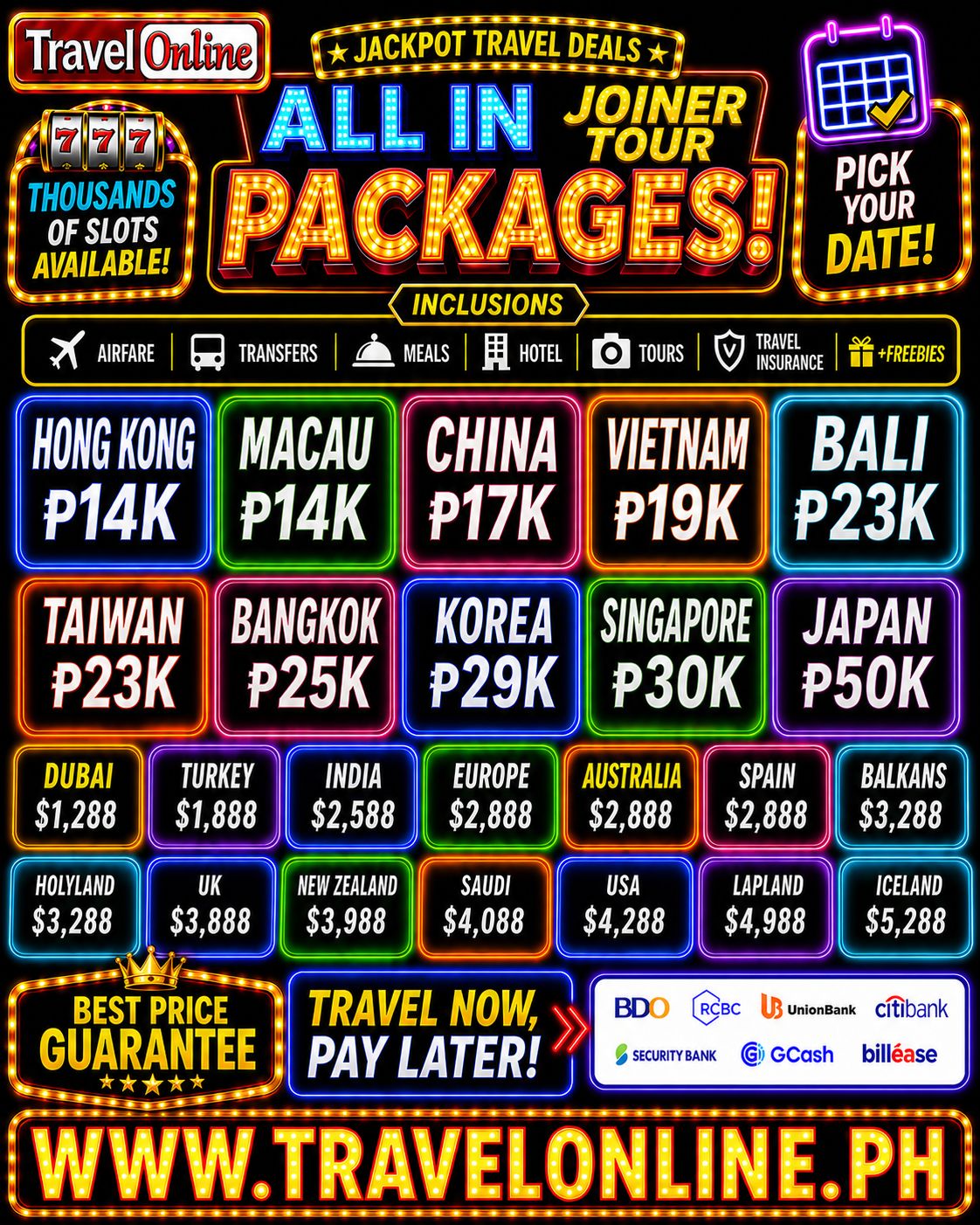 TravelOnline Facebook ad: TRAVEL SLOTS NOW OPEN!