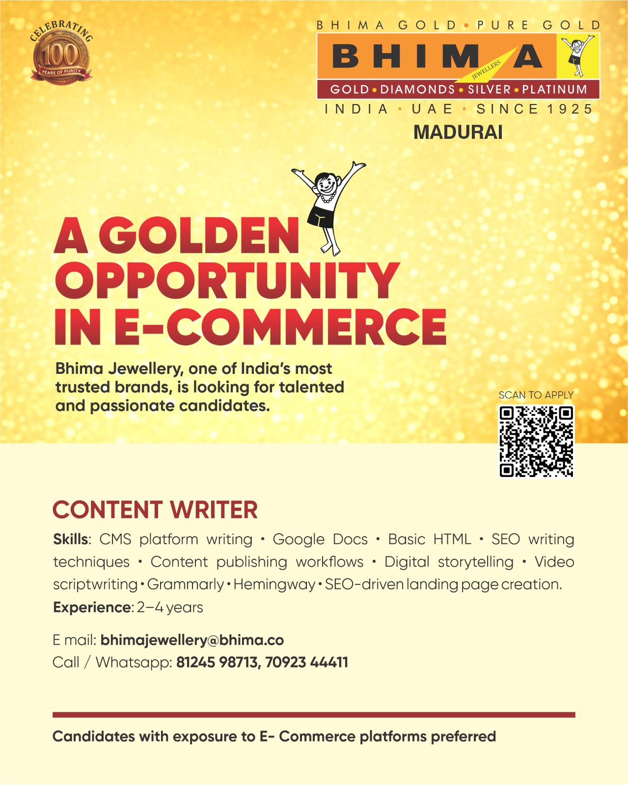 Bhima Jewellery Madurai Facebook ad: Bhima Jewellery is Now Hiring!