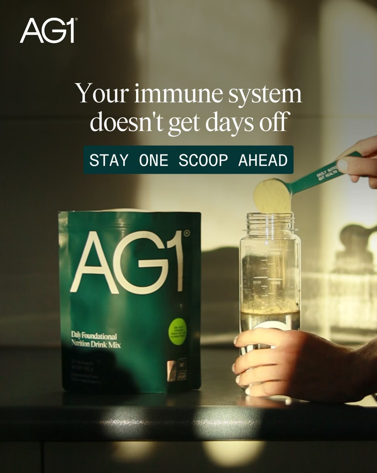 AG1 by Athletic Greens Facebook ad: 15+ Years. Trusted Globally