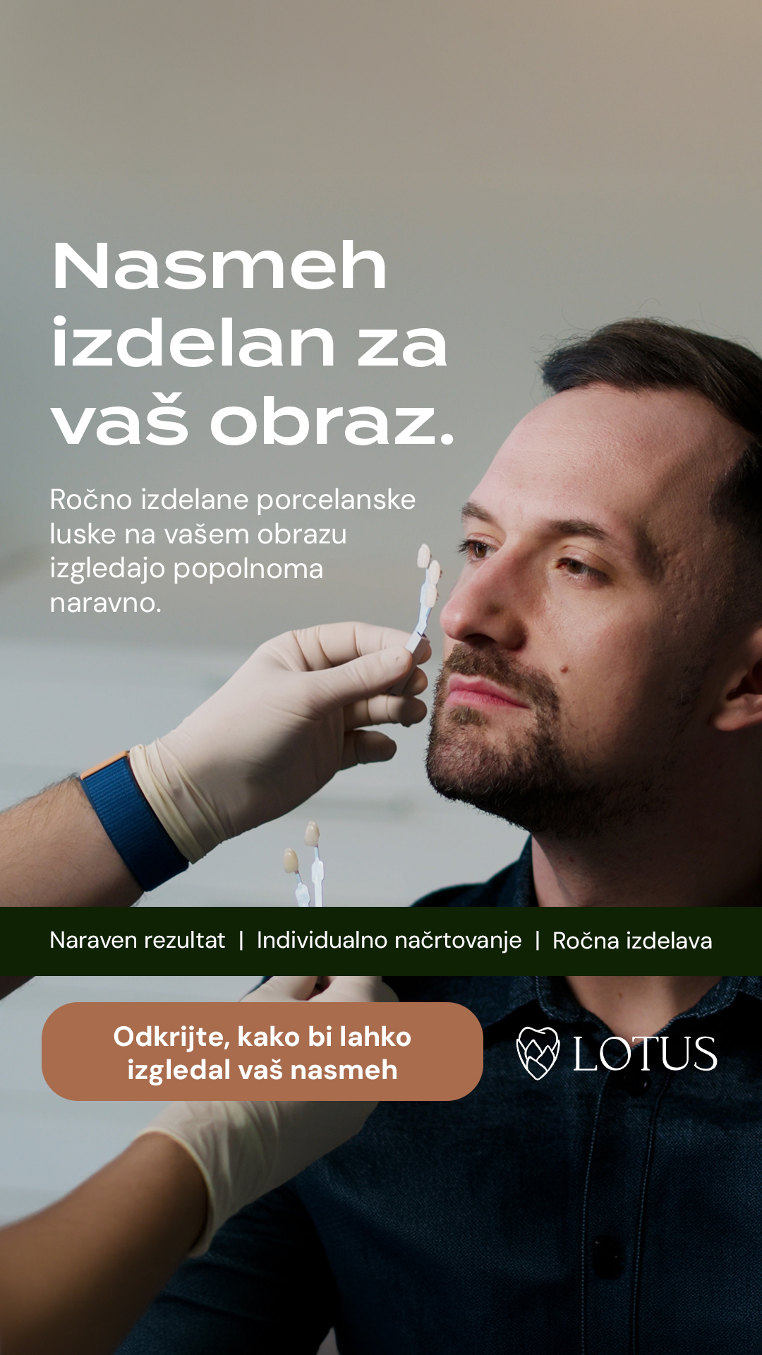 Lotus dentalni center Facebook ad: Estetska preobrazba po meri vašega obraza.
