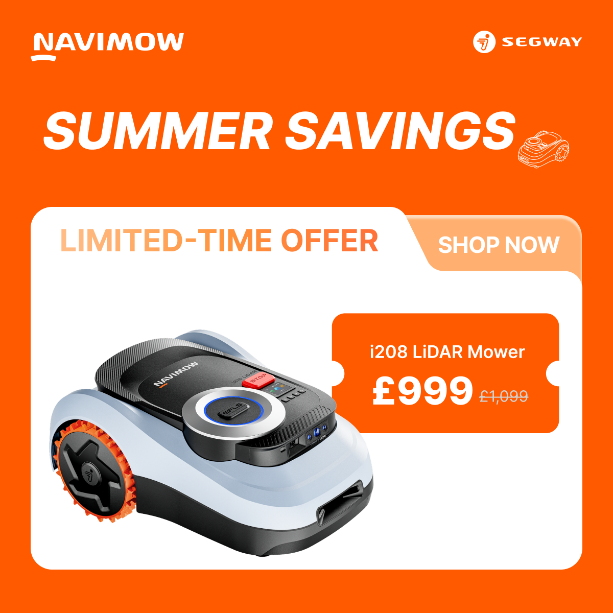 Segway Navimow Facebook ad: Summer Savings: Smart Mowing Made Easy