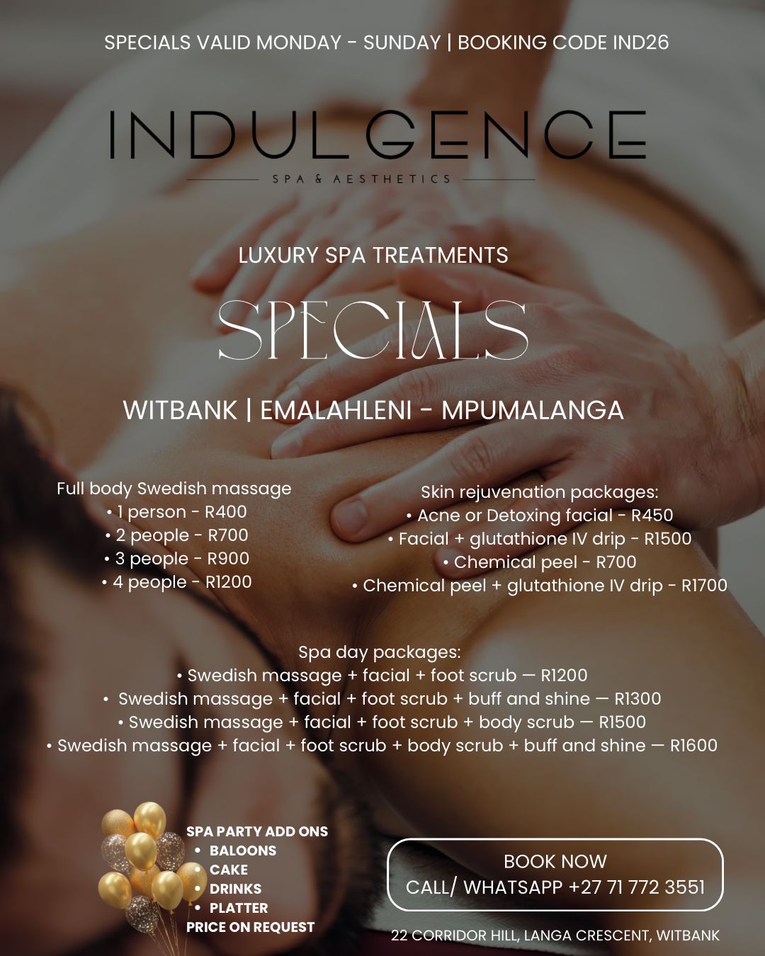 Indulgence spa and aesthetics Facebook ad: Book Your Escape Today