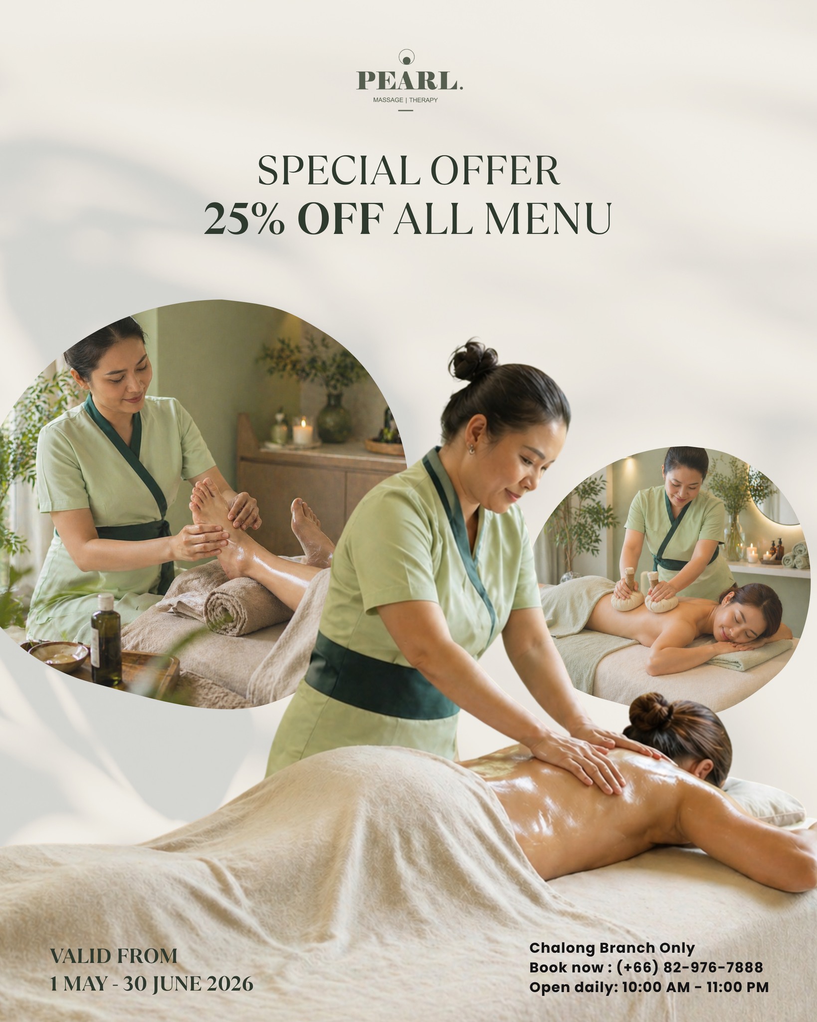 Pearl Massage & Therapy Facebook ad: Special Offer! 25% OFF ALL massage treatments, starting…