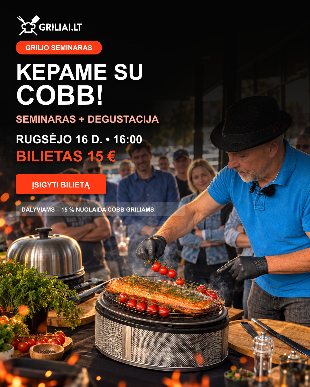 Griliai.lt Facebook ad: Kepame su COBB, grilio seminaras ir degustacija