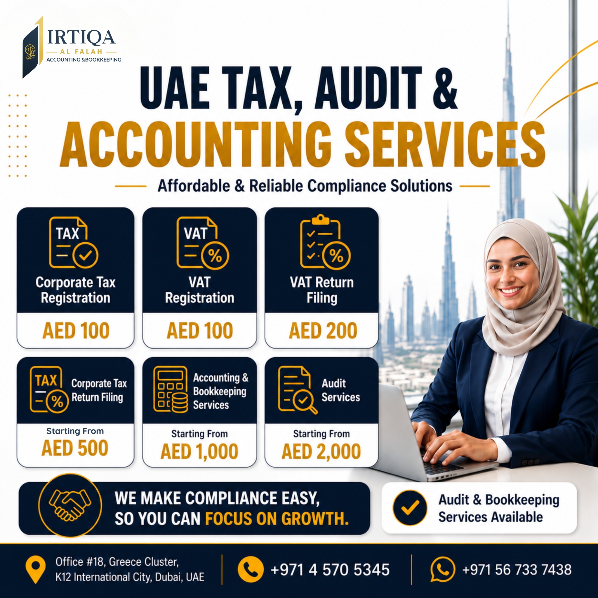 Irtiqa Al Falah Accounting & Bookkeeping Facebook ad: UAE Tax & Accounting Services