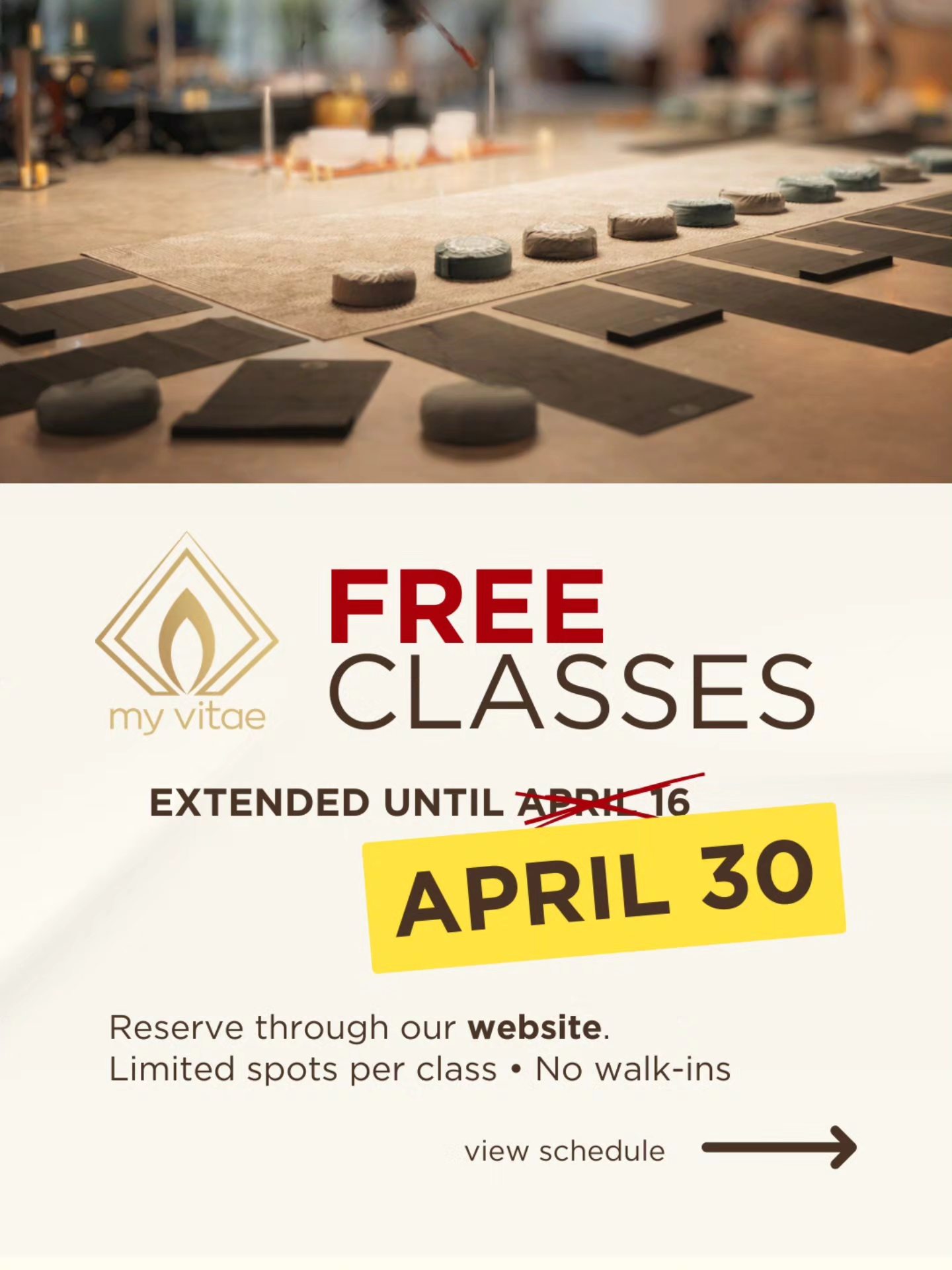 MyVitae Facebook ad: Free classes are now extended to April 30.