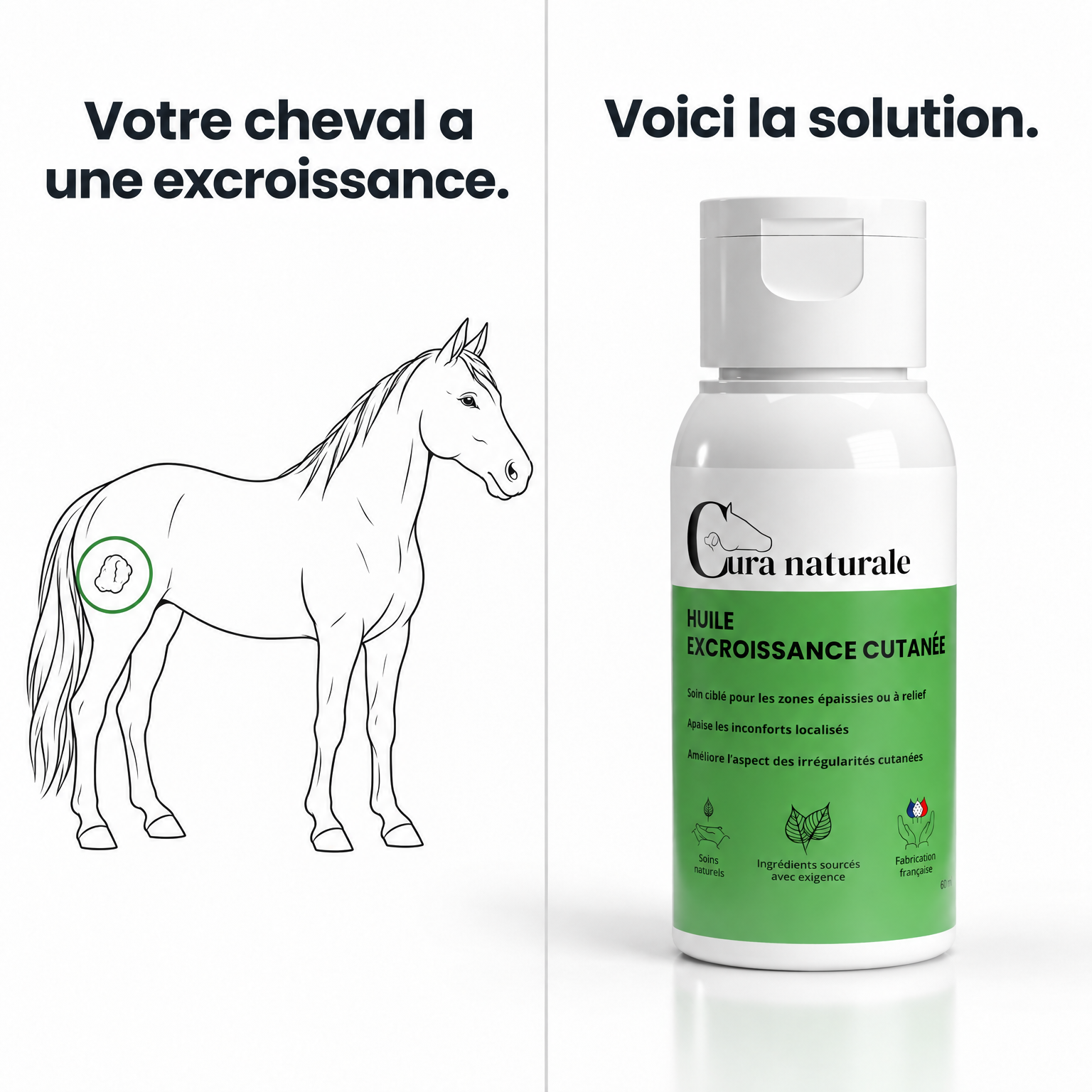 Cura naturale Facebook ad: Huile excroissance cutanée pour cheval