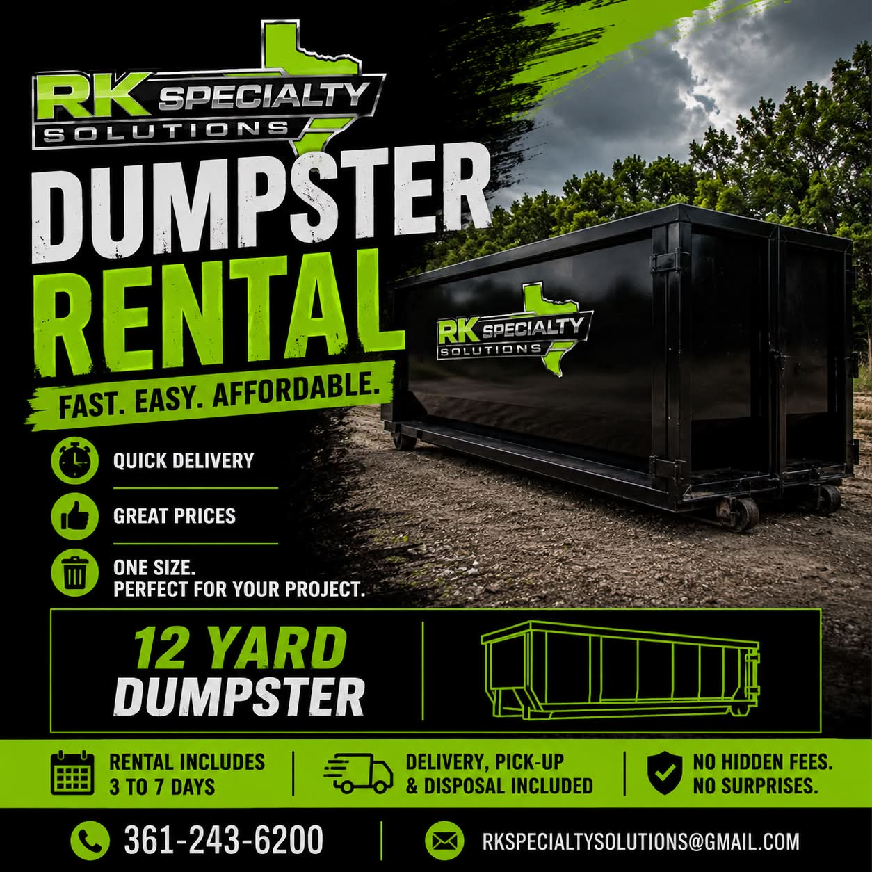RK Specialty Solutions Facebook ad: Dumpster Rental Made Easy!