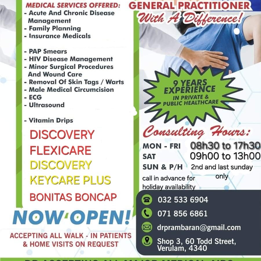 Dr Prasheen Rambaran - PTY LTD Facebook ad: General Practitioner located in Verulam.