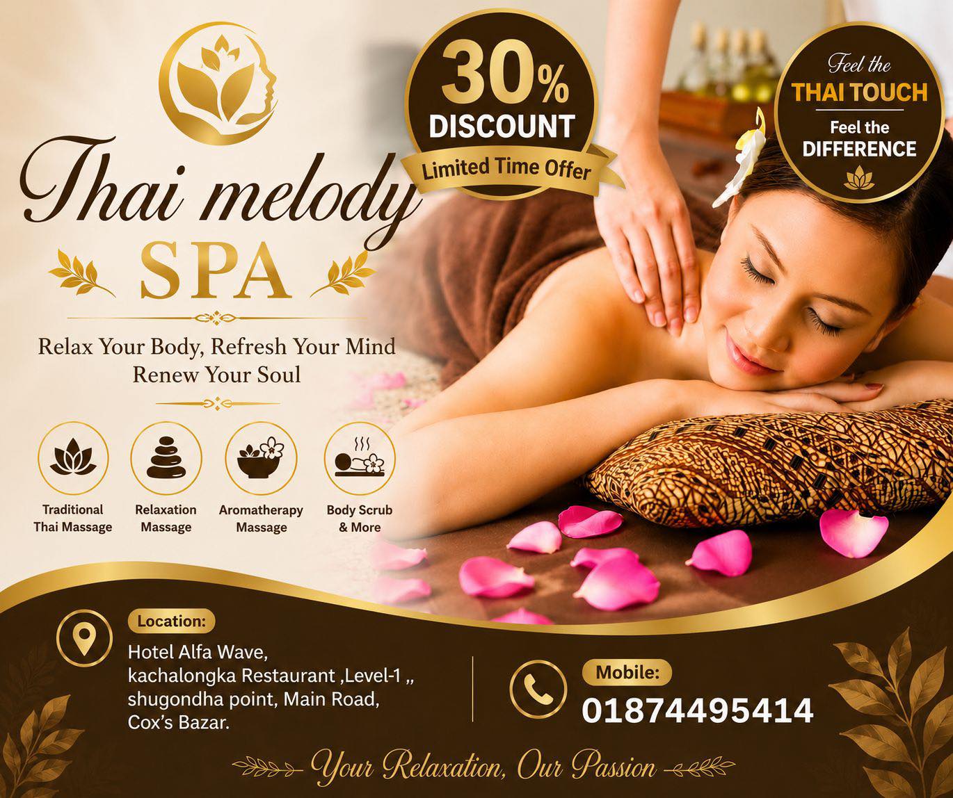 Thai Melody Spa Facebook ad:  01874-495414, ছাড় 30%!