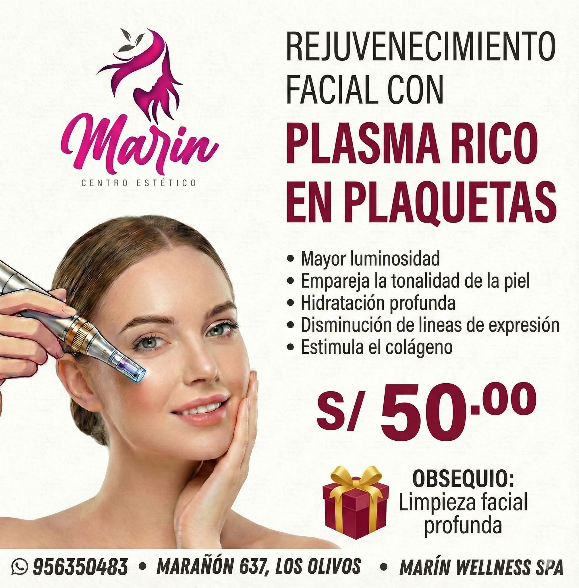 Marín Wellness SPA Facebook ad: PLASMA+LIMPIEZA s/50