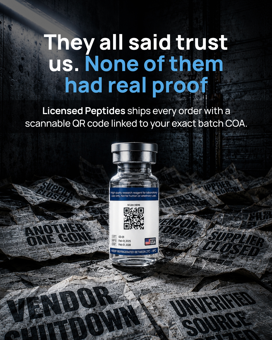 Licensed Peptides Facebook ad: Don't Trust. Verify Us.