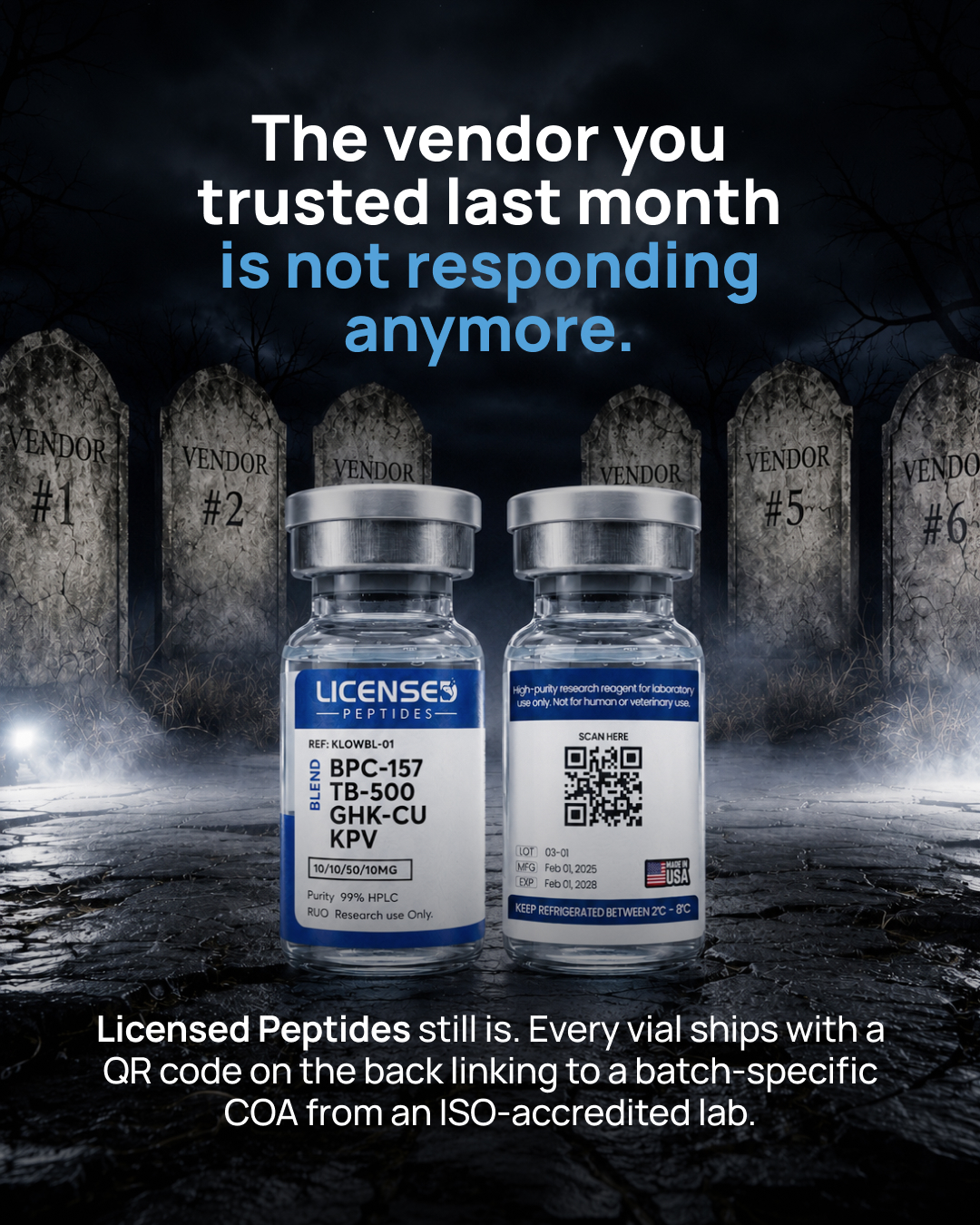 Licensedpeptides.com Facebook ad: Don't Trust. Verify Us.
