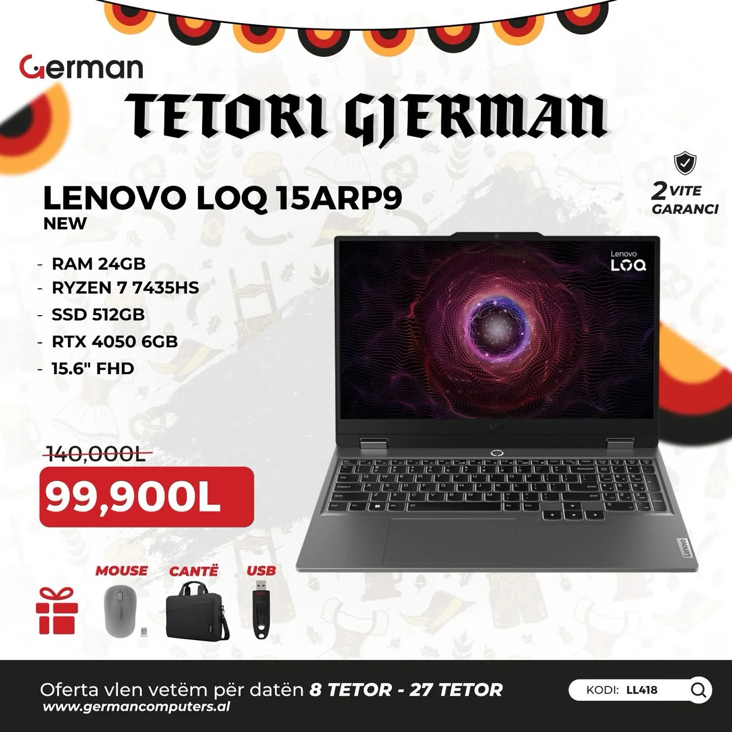 German Computers Durres Facebook ad: LENOVO LOQ 15ARP9, GAMING & POWER RIG!