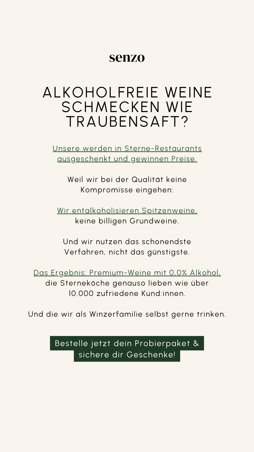 Senzo Facebook ad: SENZO, 100% Winzerhandwerk, 0,0% Alkohol