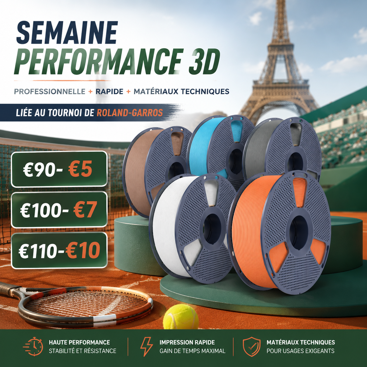 SUNLU FR Facebook ad: SUNLU Semaine Spéciale: L’Esprit du Tennis & l’Innovation 3D