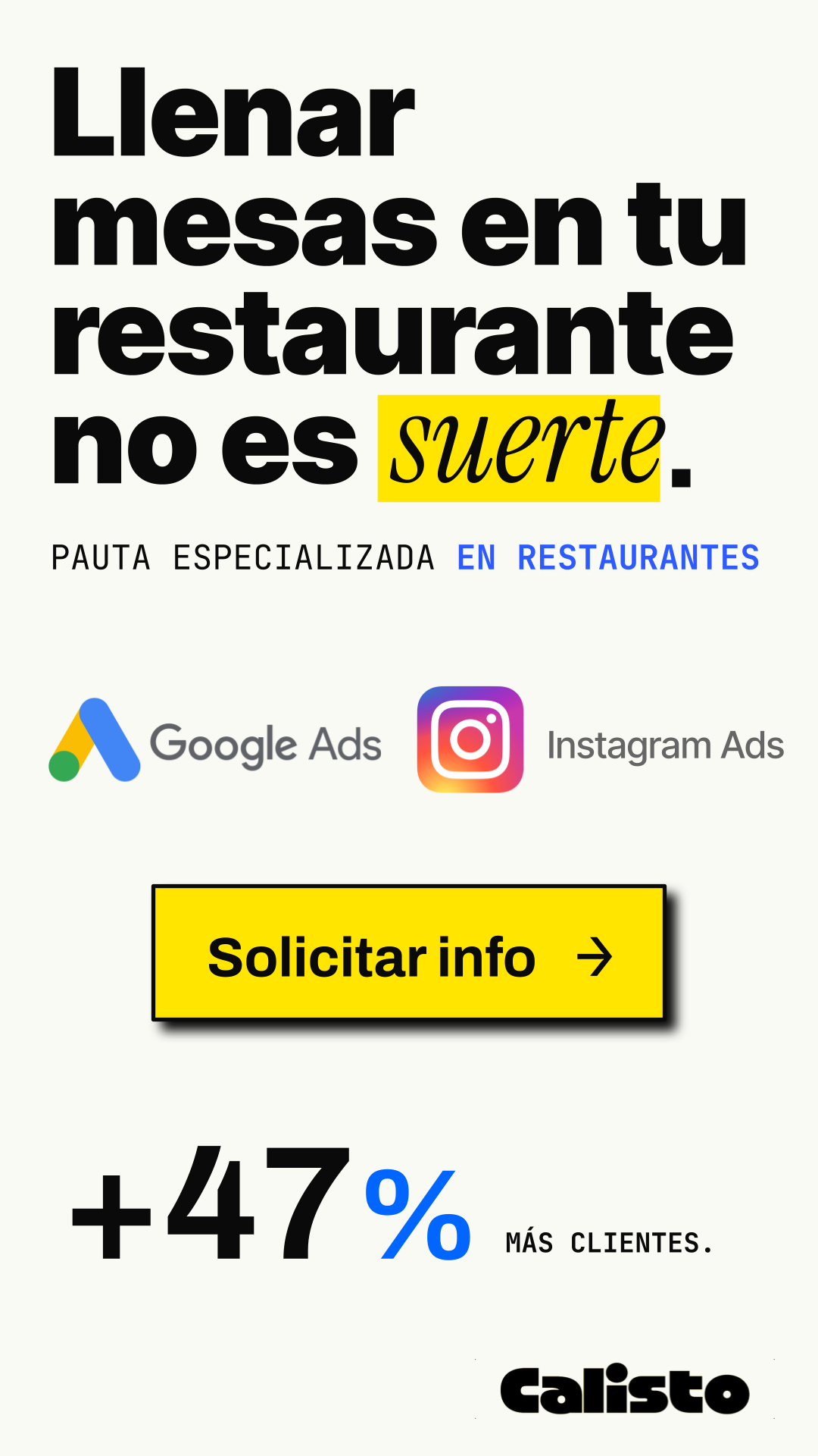 Calisto menu digital Facebook ad: Ads Meta + Google Ads Para restaurantes y cafeterías.