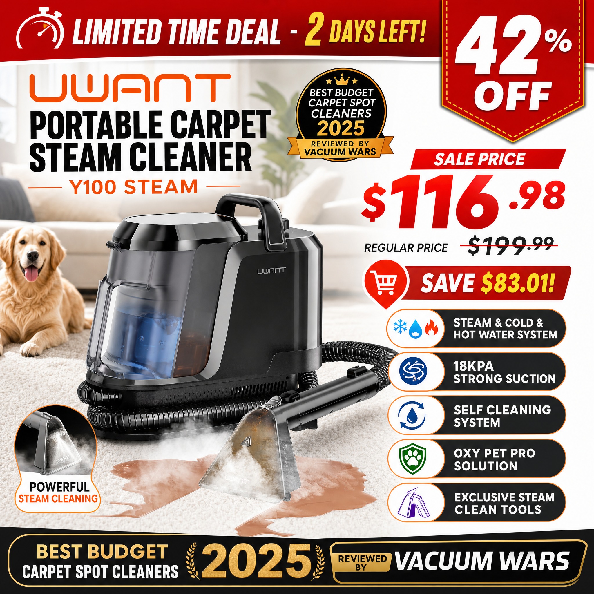 UWANT Facebook ad: Powerful 212℉ Steam, Zero Damage