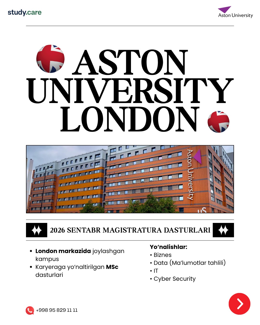 Studycare Uzbekistan Facebook ad: Aston University London’da Magistratura, 2026 Sentabr…