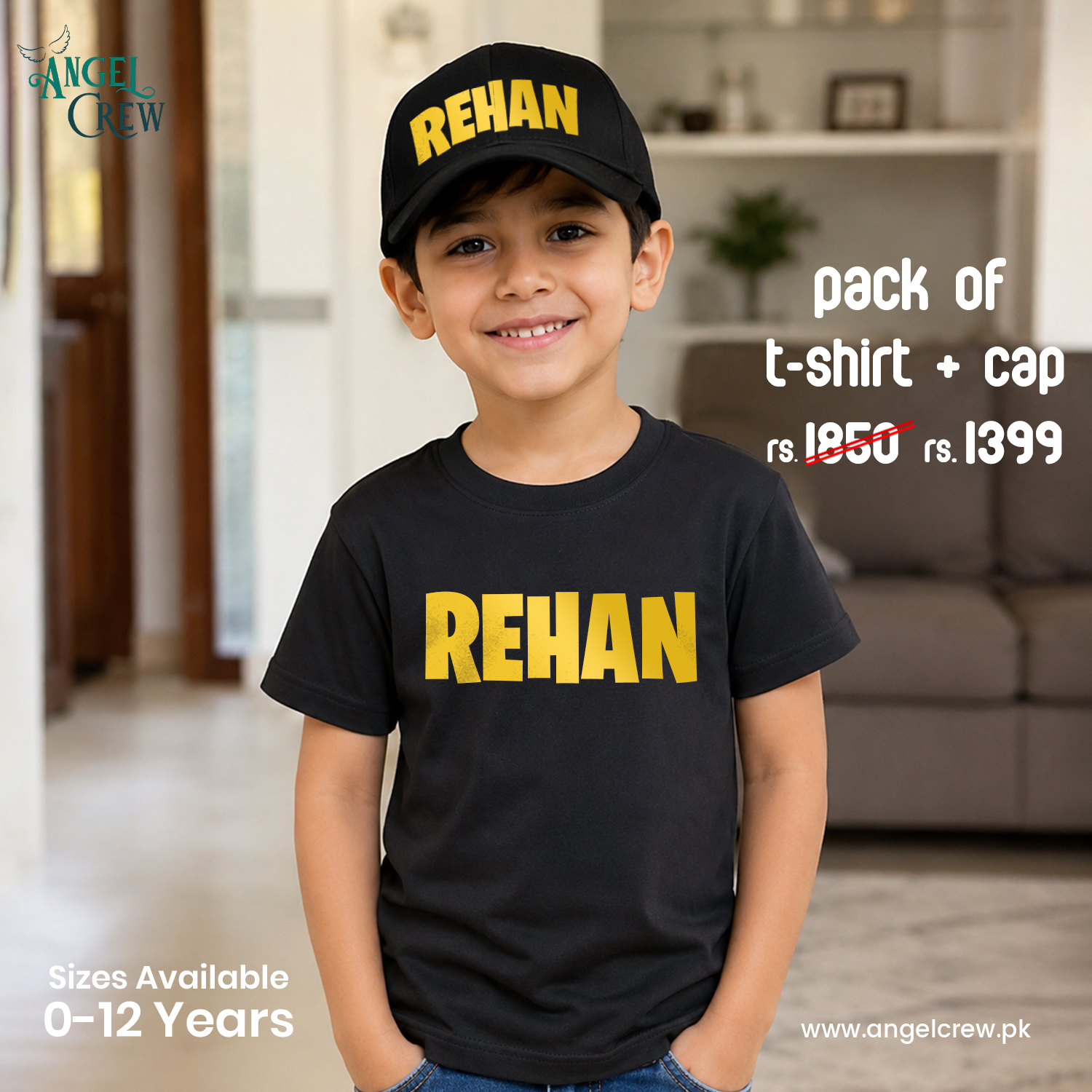 Angel Crew Facebook ad: Rs 400 Off Kids' Custom Tees & Caps Pack