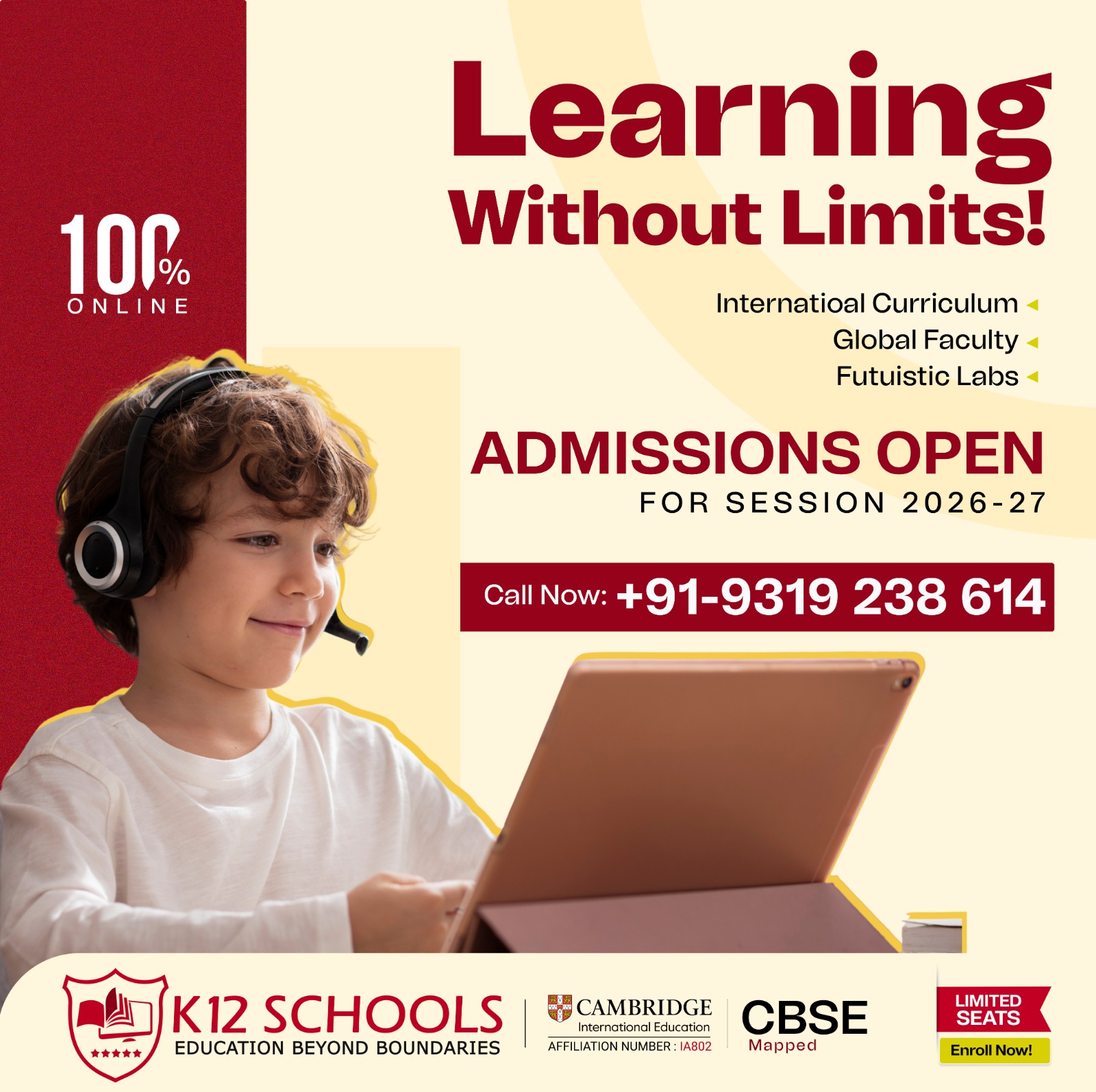K12 Schools Facebook ad: Admissions Open | 100% Online School