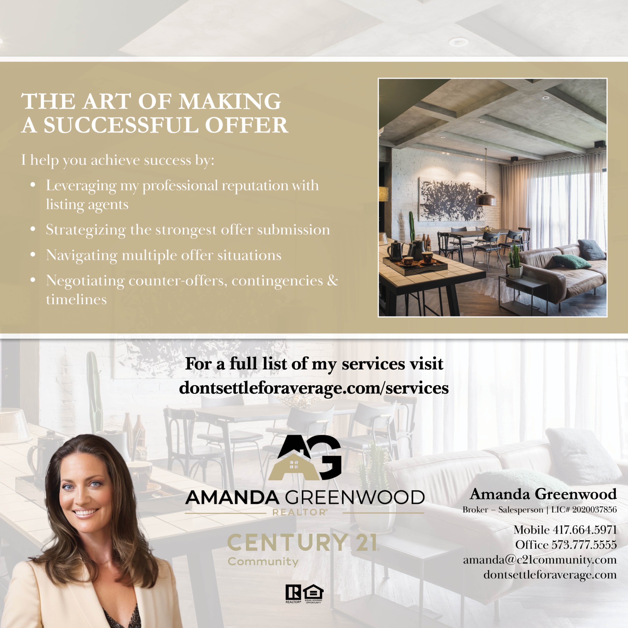 Amanda Greenwood Realtor Facebook ad: Message or Call ( 417) 664-5971 / (573) 777-5555