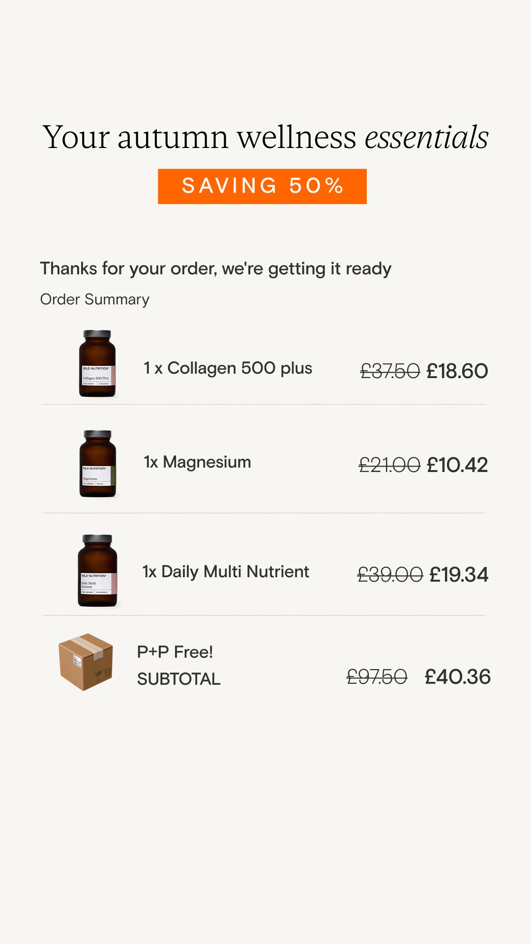 Wild Nutrition Facebook ad: 50% off your first three months