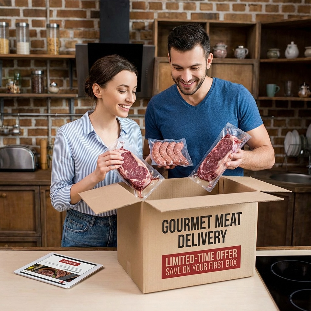 PremierGuide Glimpse Facebook ad: Delve Into Gourmet Meat Box Variety.