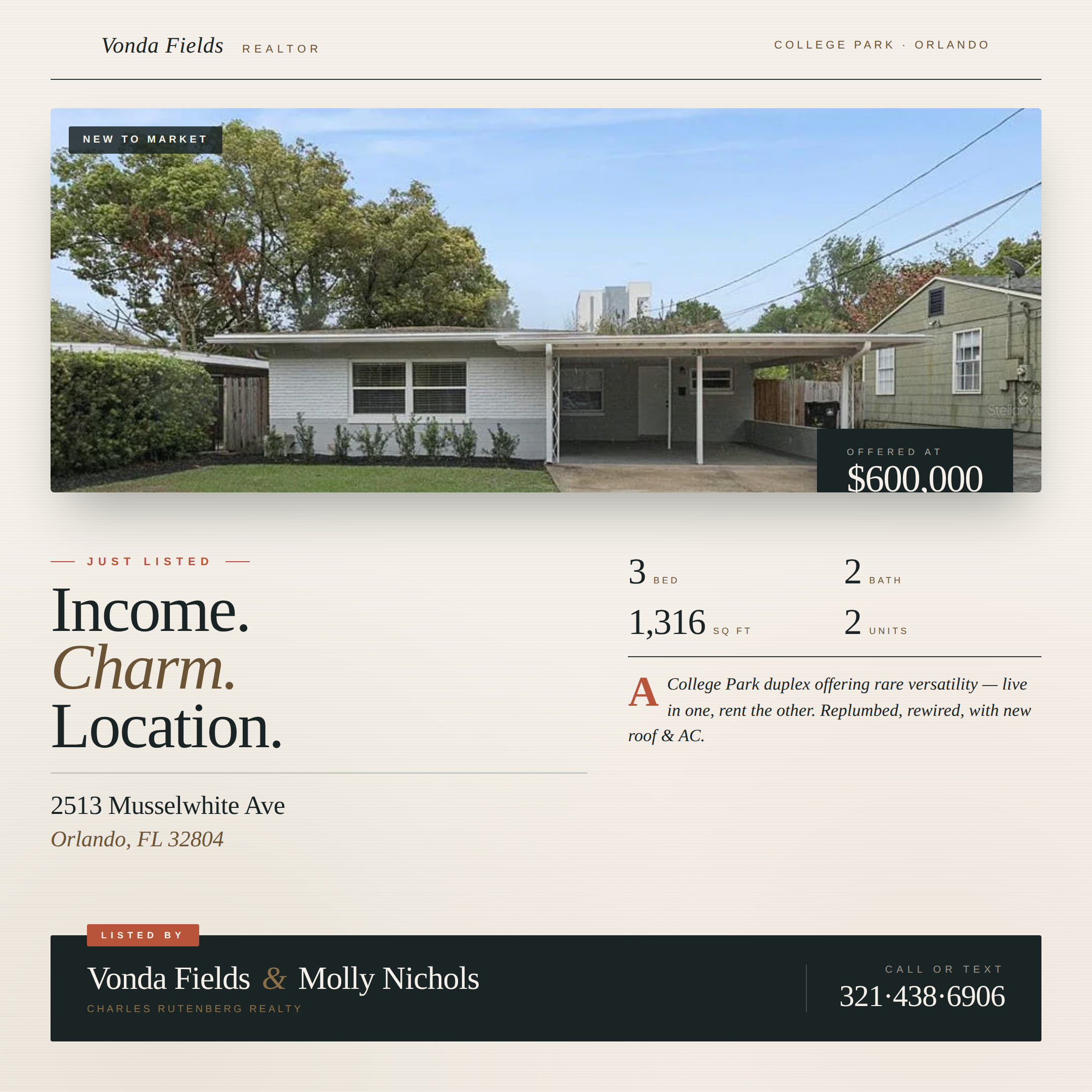 Vonda Fields - Realtor, Charles Rutenberg Realty Facebook ad: JUST LISTED in College Park, 2513 Musselwhite Ave