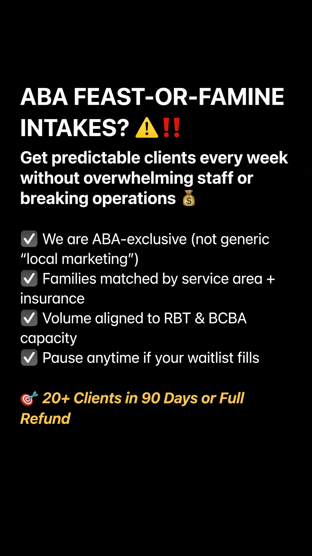 Kiro Farid Facebook ad: Get 20+ ABA Clients in 90 Days or Your Money Back